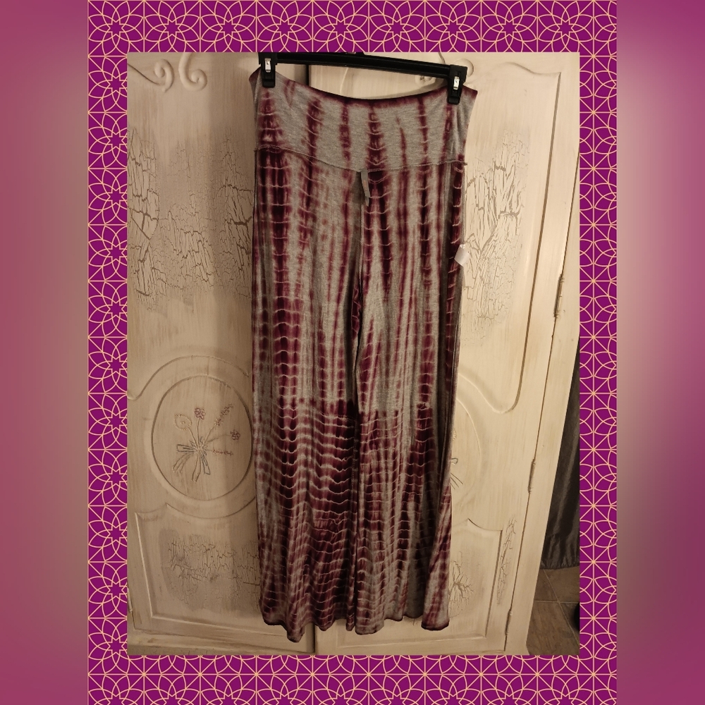 Burgundy and Grey Tie Dye Wide Leg Pants